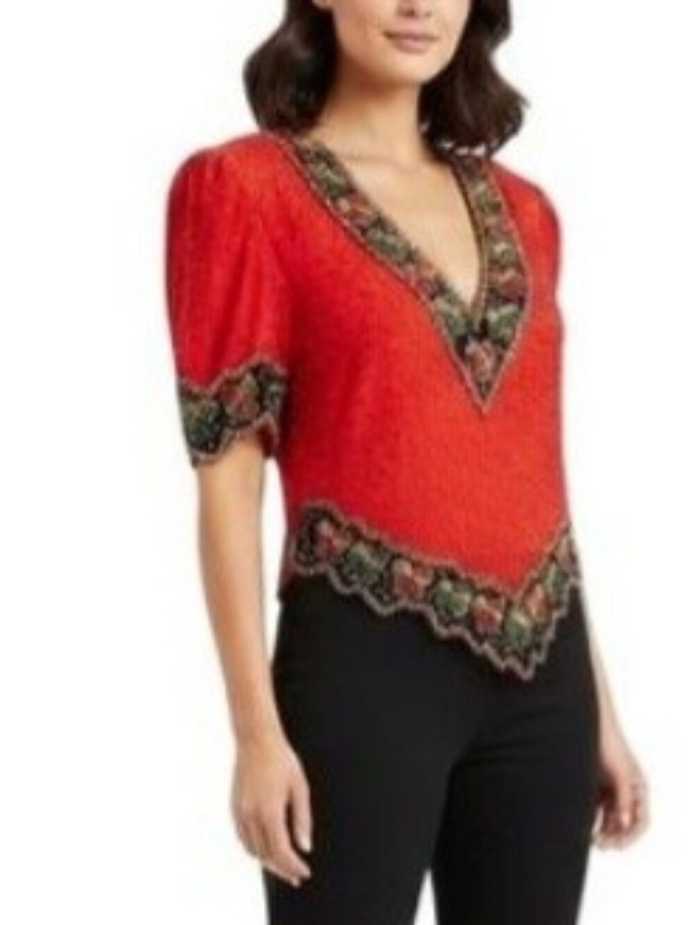 Laurence Kazar Top, Size 2X, Red 100% Silk, Beaded Holiday Party - Picture 5 of 12